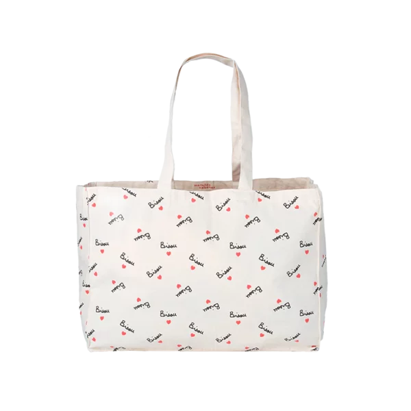 Cabas Bisou Mathilde Cabanas en coton bio, spacieux et éco-responsable, avec anses longues et imprimé durable. Un sac pratique et respectueux de l'environnement.