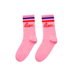 Chaussettes roses Bisou, de Mathilde Cabanas, confortables et colorées, adaptées du 38 au 42. Parfaites pour apporter de la bonne humeur à vos pieds