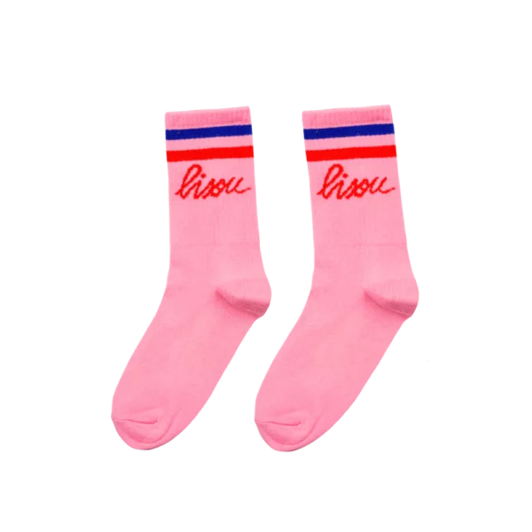 Chaussettes roses Bisou, de Mathilde Cabanas, confortables et colorées, adaptées du 38 au 42. Parfaites pour apporter de la bonne humeur à vos pieds