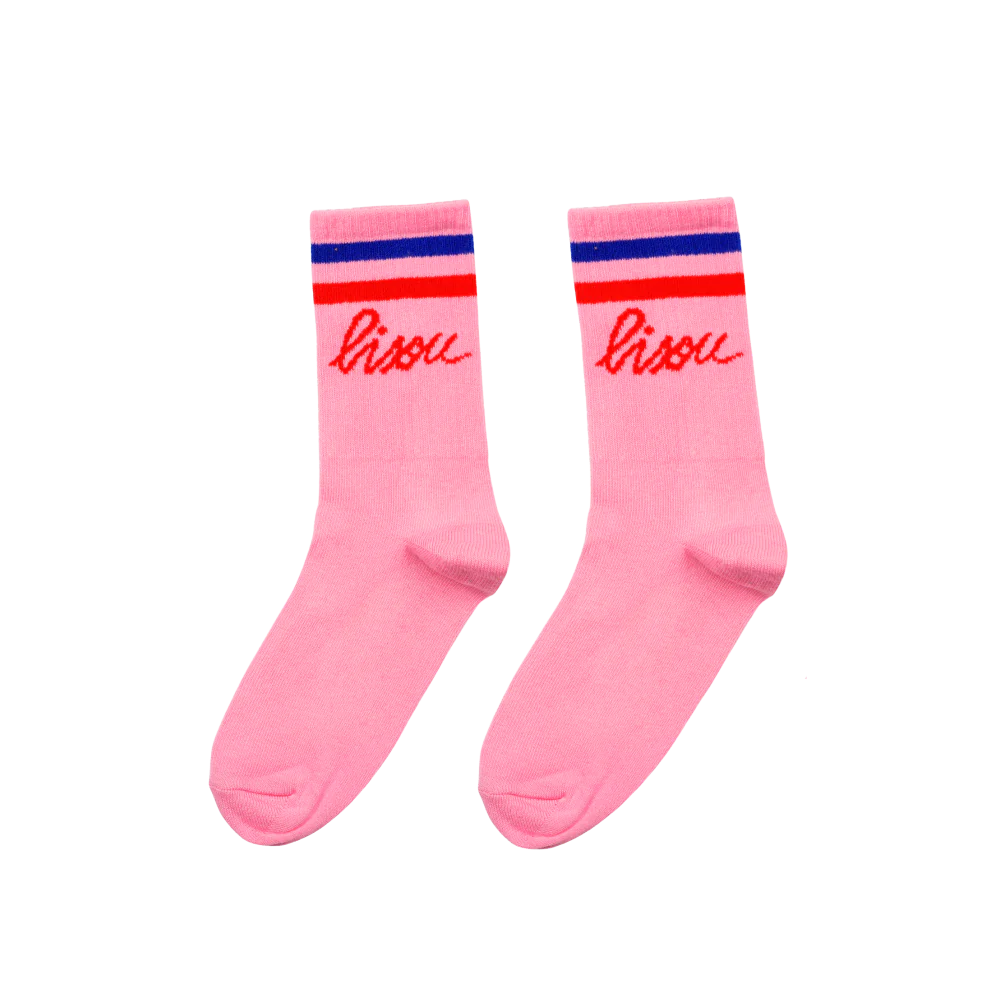 Chaussettes roses Bisou, de Mathilde Cabanas, confortables et colorées, adaptées du 38 au 42. Parfaites pour apporter de la bonne humeur à vos pieds