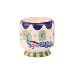 Bougie Paddywax "Paon" en céramique décorative, peinte à la main, avec des motifs colorés. Parfum floral et musqué. Cire de soja 100 % végétale.