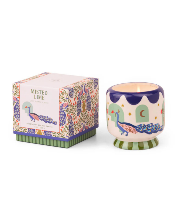 Bougie Paddywax "Paon" en céramique décorative, peinte à la main, avec des motifs colorés. Parfum floral et musqué. Cire de soja 100 % végétale.