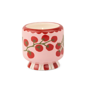 Bougie Bistro Céramique Tomate, 225 ml, parfum aux notes de citron, sauge et tomate ancienne, peinte à la main. Un design unique et un parfum envoûtant.