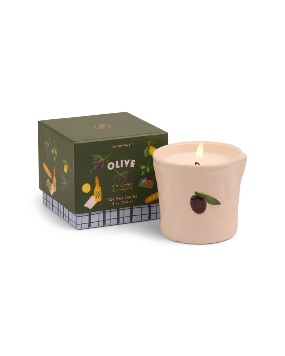 Bougie Paddywax Olive en céramique blanche avec illustration d’olive peinte à la main. Parfum floral et végétal. Cire de soja végétale, 226g.