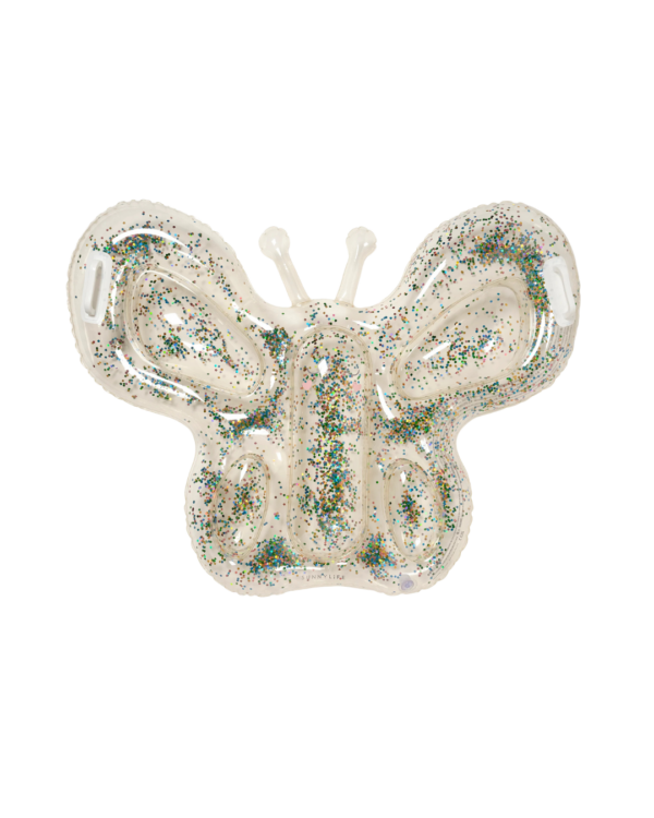 Bouée gonflable papillon avec poignées et paillettes flottantes, en PVC sans phtalates