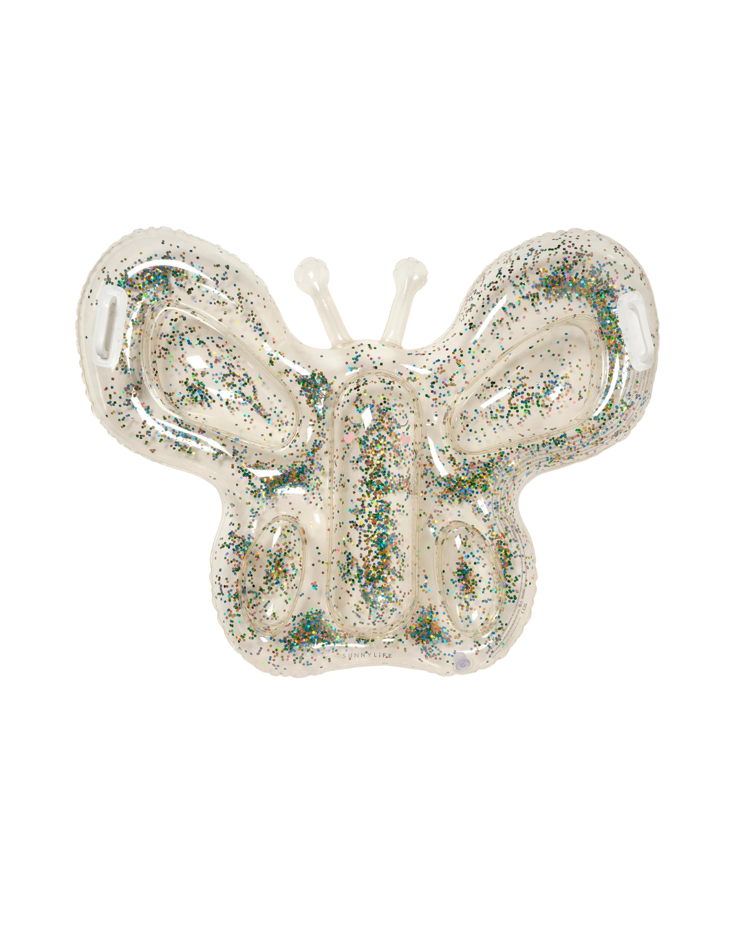 Bouée gonflable papillon avec poignées et paillettes flottantes, en PVC sans phtalates