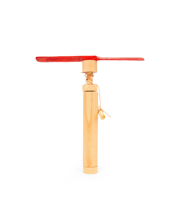 Hélicoptère à lancer pour enfant, fabriqué en bois de hêtre FSC et bambou, avec un lanceur à corde pour des heures de jeu amusantes.
