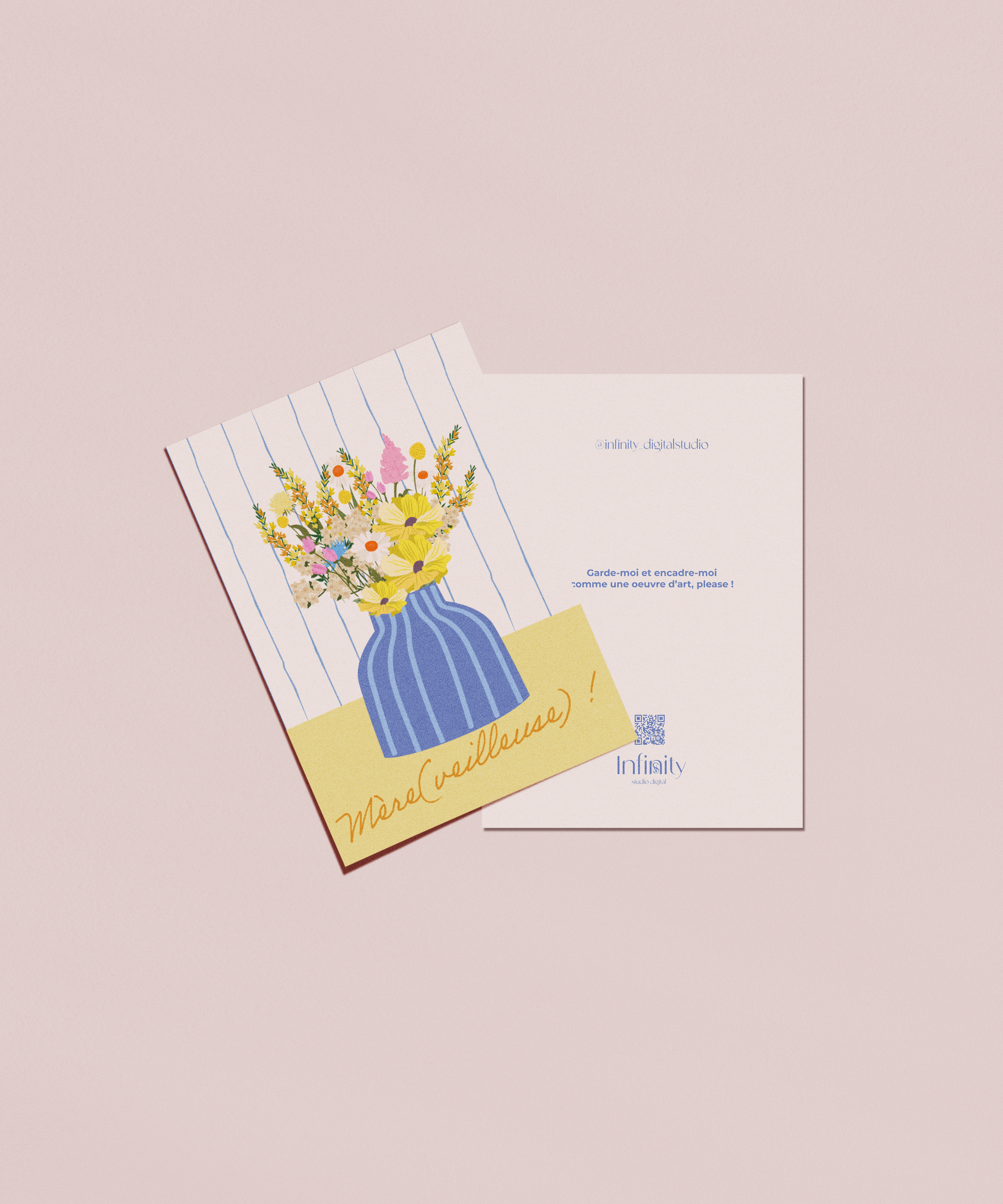 Carte fête des mères « mère-veilleuse » avec bouquet de fleurs illustré – création Infinity Digital Studio