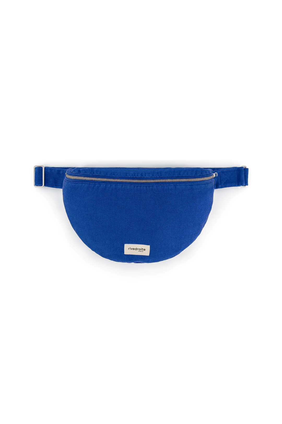 Sac banane Custine XL Venice Blue en coton recyclé, grande capacité avec zip argenté et doublure écoresponsable.