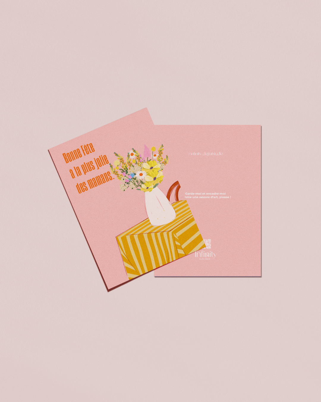 Carte illustrée fête des mères avec bouquet de fleurs dans un vase et message "Bonne fête à la plus jolie des mamans"