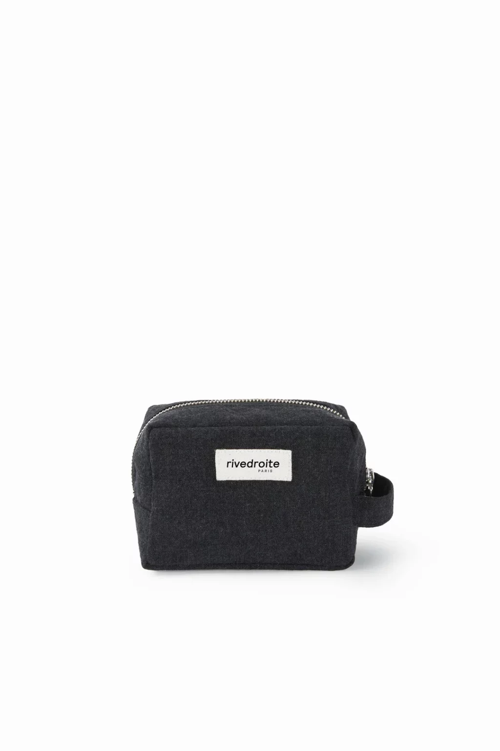 Petite trousse Tournelles noire en coton recyclé, idéale pour ranger clés, stylos et make-up avec anse pratique.