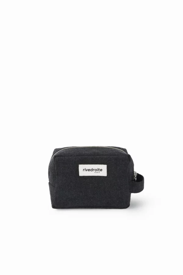 Petite trousse Tournelles noire en coton recyclé, idéale pour ranger clés, stylos et make-up avec anse pratique.