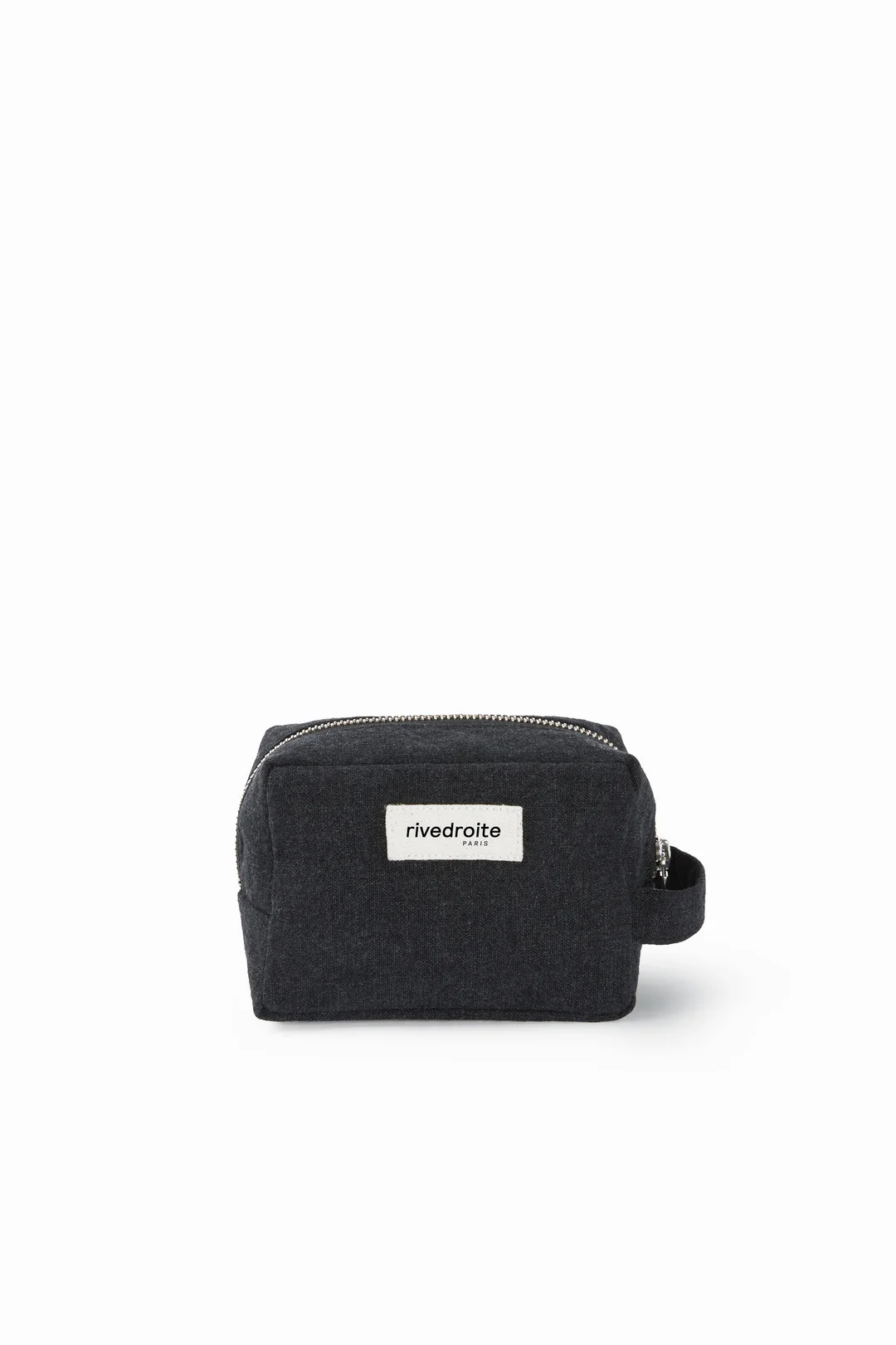 Petite trousse Tournelles noire en coton recyclé, idéale pour ranger clés, stylos et make-up avec anse pratique.