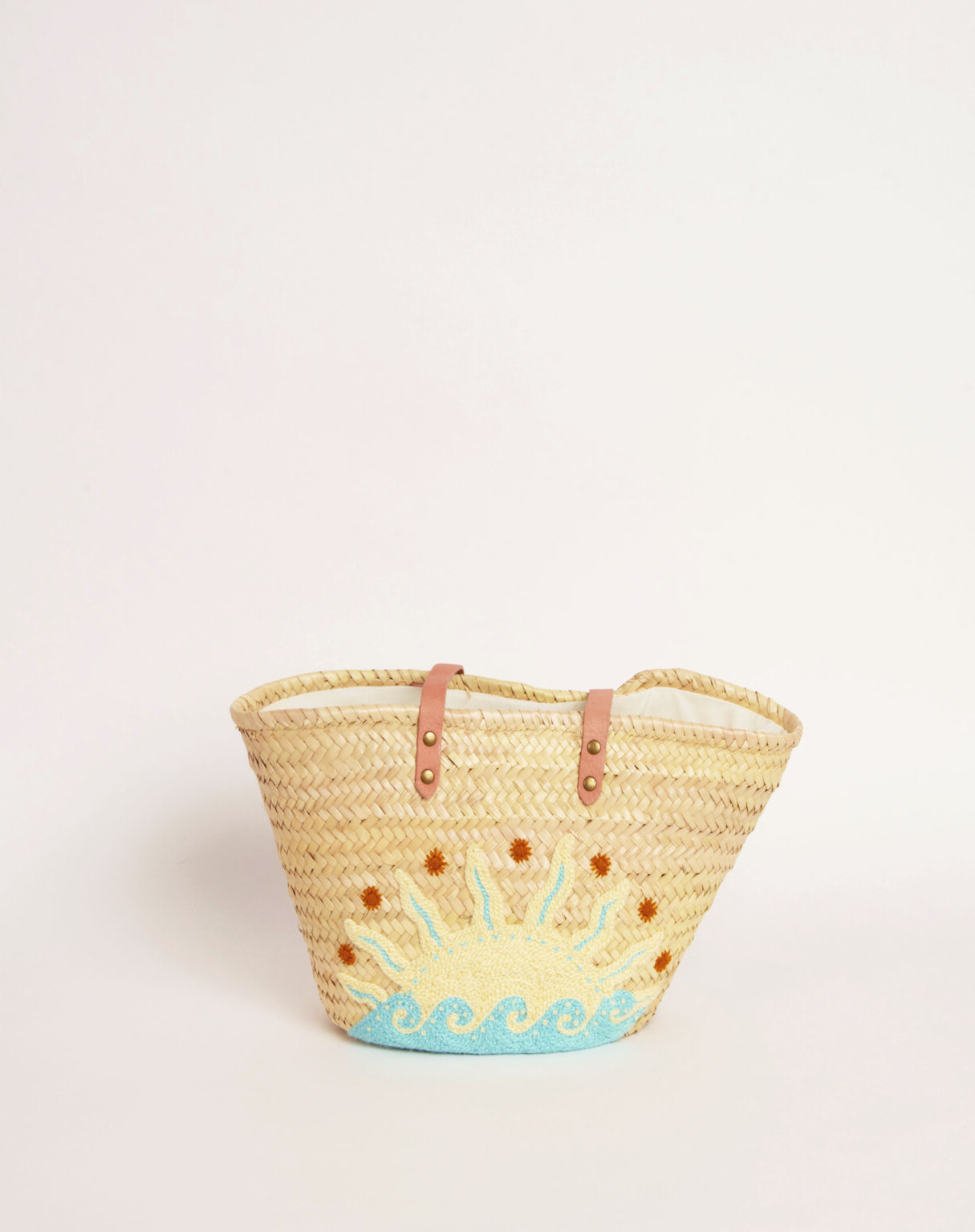 Panier brodé Vague Bleu en fibre de palmier tress