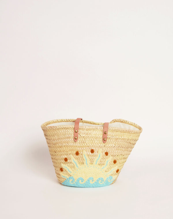 Panier brodé Vague Bleu en fibre de palmier tress