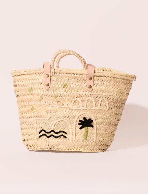 Panier en palmier brodé à la main avec lanières en cuir et raphia, broderie rose "Mi Casa", doublure pochon, modèle Mi Casa Olive.