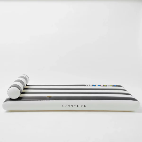 Matelas gonflable rayé noir et blanc avec repose-tête et porte-gobelet intégré, en PVC sans phtalates
