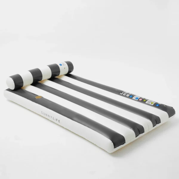 Matelas gonflable rayé noir et blanc avec repose-tête et porte-gobelet intégré, en PVC sans phtalates