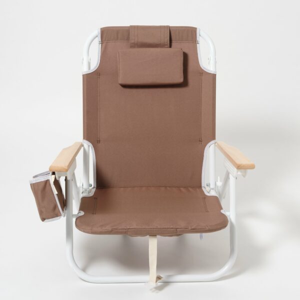 Chaise de plage luxe Macchiato en aluminium avec accoudoirs en bois, position inclinable et port de sac à dos