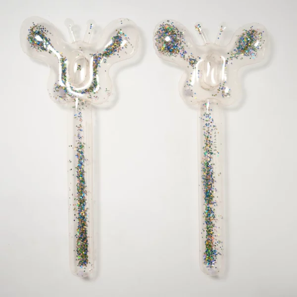 Bouées gonflables en forme de baguettes avec paillettes multicolores et motif papillons