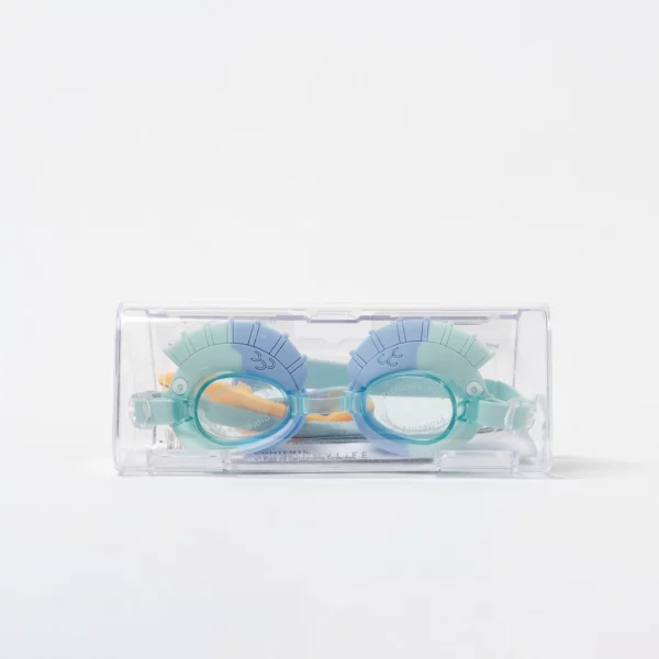 Lunettes de natation enfant bleu en forme de poisson avec protection UV et sangle en silicone réglable