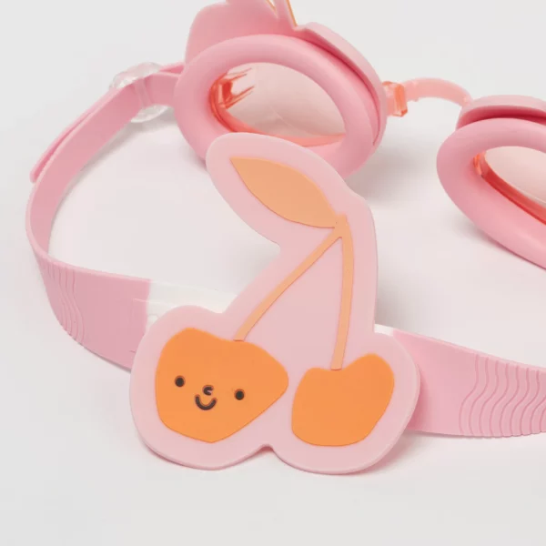 Lunettes de natation enfant roses avec motif cerises, protection UV et sangle en silicone réglable