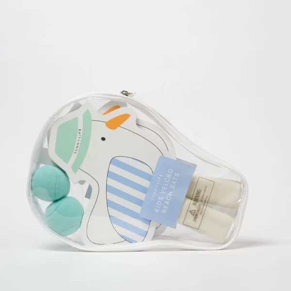 Raquettes de plage à scratch bleu avec motif mouette, double face bois/velcro, vendues avec 2 balles souples et housse de transport