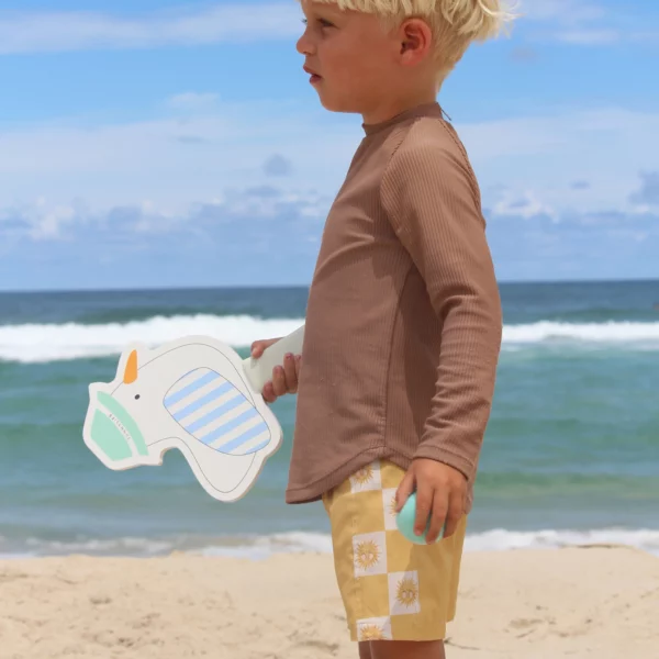 Raquettes de plage à scratch bleu avec motif mouette, double face bois/velcro, vendues avec 2 balles souples et housse de transport
