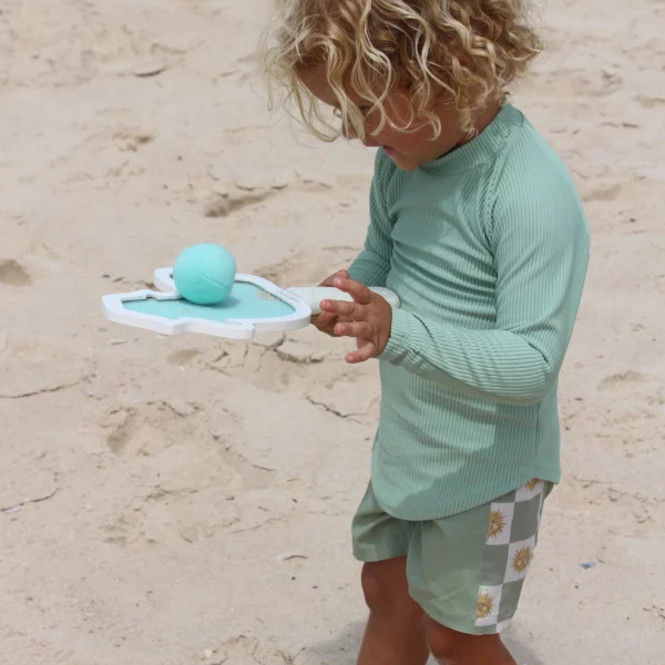 Raquettes de plage à scratch bleu avec motif mouette, double face bois/velcro, vendues avec 2 balles souples et housse de transport