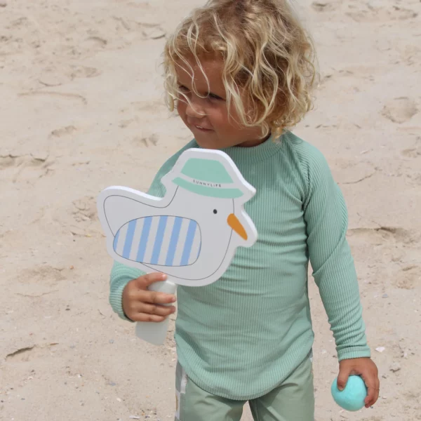 Raquettes de plage à scratch bleu avec motif mouette, double face bois/velcro, vendues avec 2 balles souples et housse de transport