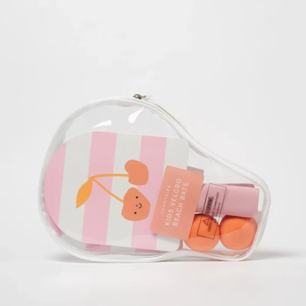Raquettes de plage à scratch rose avec motif cerise, double face bois et velcro, vendues avec deux balles et une housse zippée