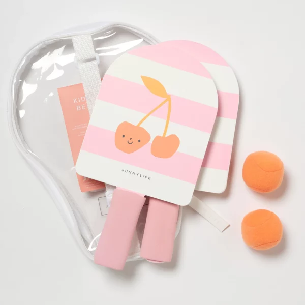 Raquettes de plage à scratch rose avec motif cerise, double face bois et velcro, vendues avec deux balles et une housse zippée