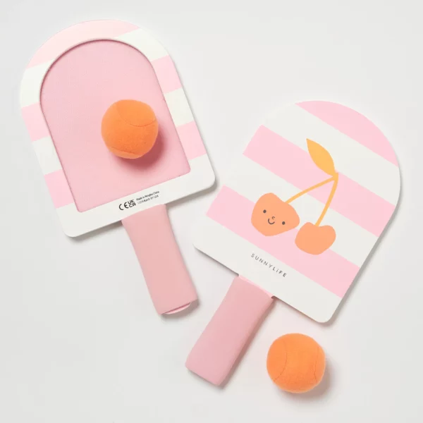 Raquettes de plage à scratch rose avec motif cerise, double face bois et velcro, vendues avec deux balles et une housse zippée