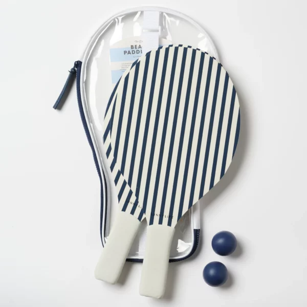 Raquettes de plage bleu et blanc avec balles assorties, poignées en mousse et housse de transport zippée