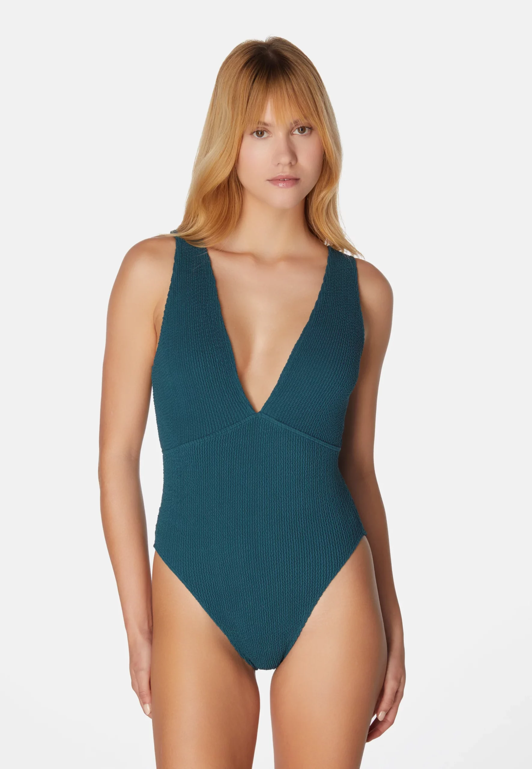 Ariel maillot de bain une pièce vert basilic taille unique extensible – vue de face sur mannequin
