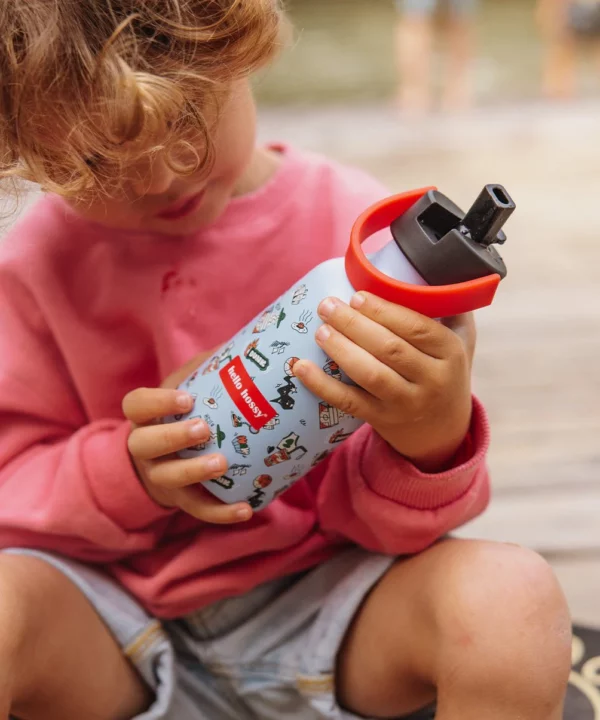 Gourde isotherme enfant Dunk 350 ml en acier inoxydable, avec anse, paille, base antidérapante et design coloré