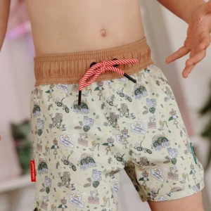 Short de bain garçon avec imprimé vélo, anti-UV UPF50+, taille élastique et cordon ajustable