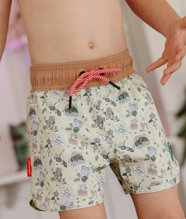 Short de bain garçon avec imprimé vélo, anti-UV UPF50+, taille élastique et cordon ajustable