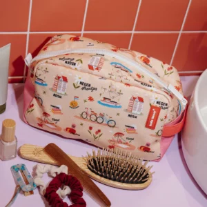 Trousse de toilette enfant motif Amsterdam, tissu déperlant recyclé, avec anse et filet intérieur de rangement