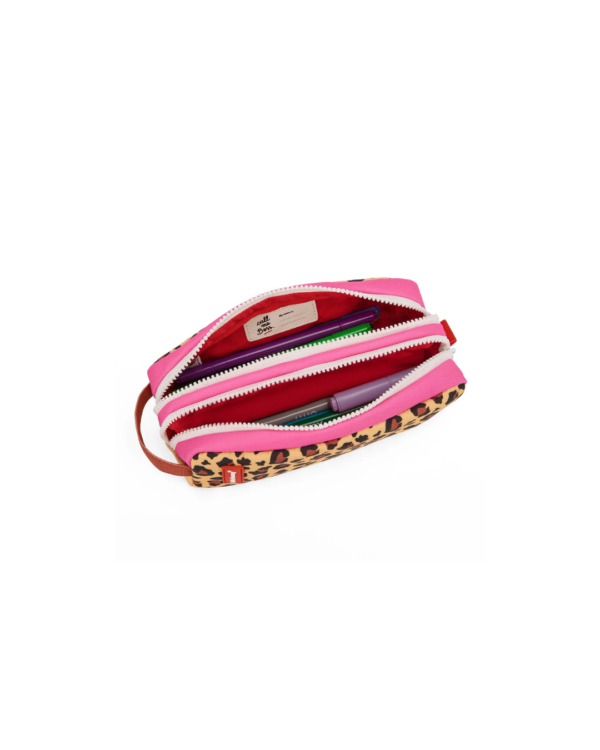 Trousse scolaire enfant Léopard #7, imprimé léopard coloré, double compartiment, tissu résistant, assortie au sac à dos de la même collection