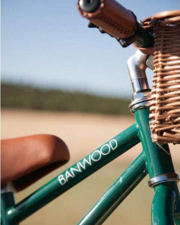 Draisienne Banwood First Go en vert foncé avec panier en osier, style vintage pour enfant de 2 à 5 ans.