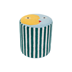 Pouf rond en coton bio avec rayures vert forêt et imprimé lune sur le dessus, design original et artisanal