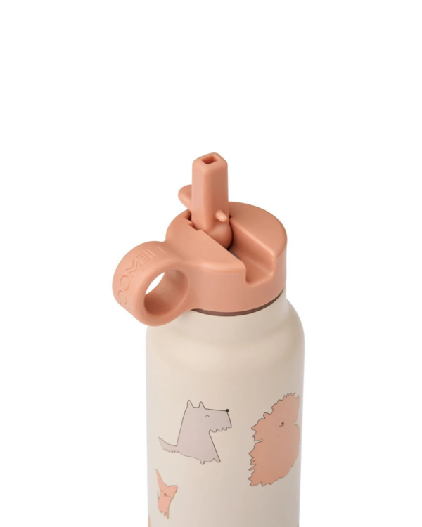 Gourde enfant FALK 350 ml motif Cats and Dogs, coloris Sandy, en acier recyclé, avec paille intégrée et anse de transport.