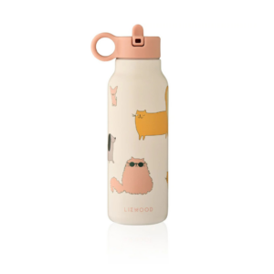 Gourde enfant FALK 350 ml motif Cats and Dogs, coloris Sandy, en acier recyclé, avec paille intégrée et anse de transport.