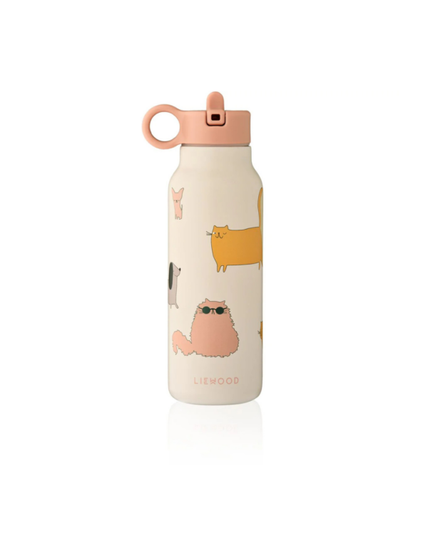 Gourde enfant FALK 350 ml motif Cats and Dogs, coloris Sandy, en acier recyclé, avec paille intégrée et anse de transport.