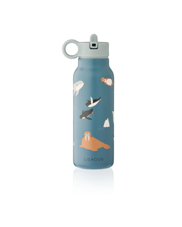 Gourde FALK 350 ml enfant, motif Arctic Sea, coloris Ocean View – acier inox recyclé, paille intégrée, anse de transport.