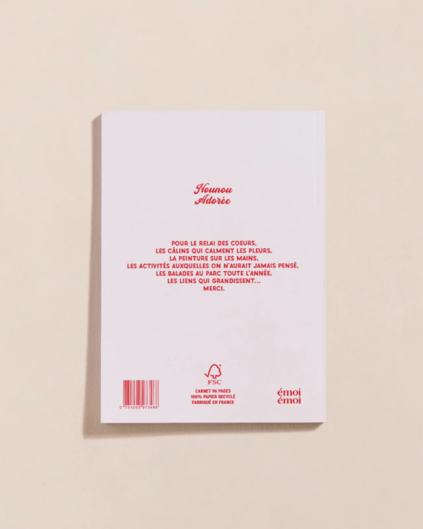 Carnet Nounou Adorée avec motif cœurs rouges, format A5, en papier recyclé – idée cadeau made in France