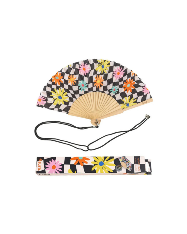 Éventail vintage motif géométrique à fleurs, noir et blanc avec touches florales colorées – en bois FSC et textile, avec cordon