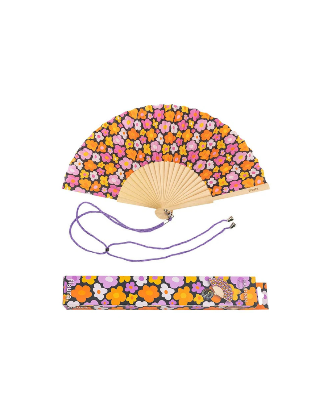 Éventail vintage à fleurs orange, rose et mauve, en bois FSC et textile, avec cordon – accessoire d'été écologique et coloré
