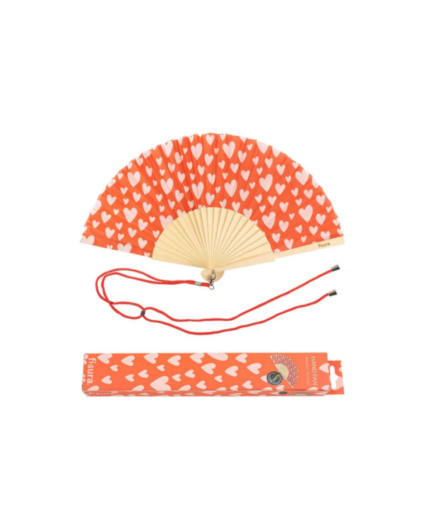 Éventail rouge et rose à motifs cœurs, en bois FSC et textile, avec cordon – accessoire romantique et écoresponsable pour l’été